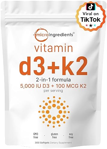 MICRO-INGREDIENTS VITAMIN D3 5000 IU K2 MK-7 100 MCG, 300 SOFTGELS EXTRA STRENGTH, NON-GMO, GLUTEN FREE