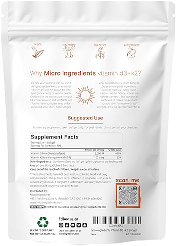 MICRO-INGREDIENTS VITAMIN D3 5000 IU K2 MK-7 100 MCG, 300 SOFTGELS EXTRA STRENGTH, NON-GMO, GLUTEN FREE