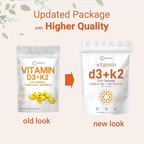 MICRO-INGREDIENTS VITAMIN D3 5000 IU K2 MK-7 100 MCG, 300 SOFTGELS EXTRA STRENGTH, NON-GMO, GLUTEN FREE