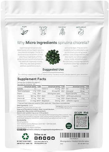 MICRO INGREDIENTS ORGANIC SPIRULINA CHLORELLA TABLETS 720CT 50 50 SUPERFOOD BLEND VEGAN PROTEIN CHLOROPHYLL