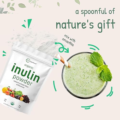 MICRO INGREDIENTS ORGANIC INULIN FOS FIBER POWDER 2.2 LBS WATER-SOLUBLE PREBIOTIC, VEGAN, CLEAR DISSOLVE, SMOOTHIES