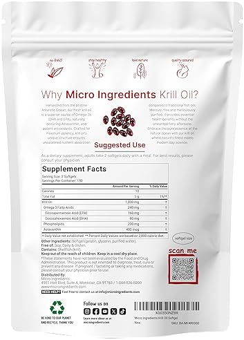 MICRO INGREDIENTS ANTARCTIC KRILL OIL 1000MG SOFTGELS OMEGA-3 EPA DHA, ASTAXANTHIN, BRAIN IMMUNE SUPPORT, 300CT