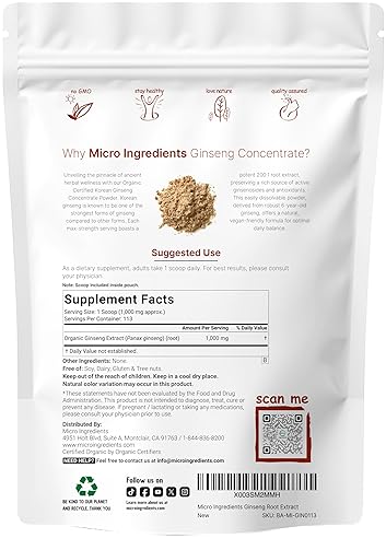 MICRO INGREDIENTS ORGANIC KOREAN RED PANAX GINSENG ROOT POWDER 200 1, 4OZ MAX STRENGTH, VEGAN, ACTIVE GINSENOSIDES
