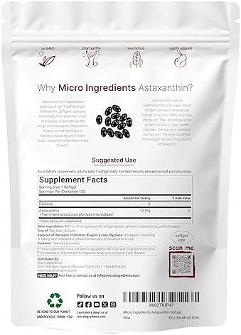 MICRO INGREDIENTS ASTAXANTHIN 12MG SOFTGELS 120CT TRIPLE STRENGTH ANTIOXIDANT SUPPLEMENT NON-GMO, SOY FREE