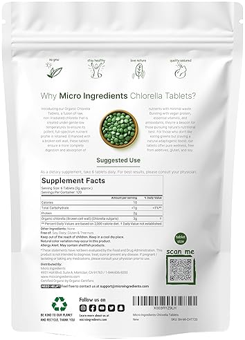 MICRO INGREDIENTS ORGANIC CHLORELLA TABLETS 500MG, 720 COUNT, BROKEN CELL WALL, VEGAN PROTEIN, NON-GMO SUPERFOOD