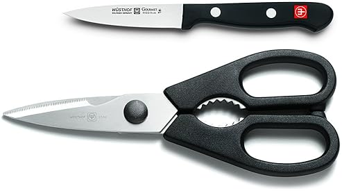 WUSTHOF GOURMET 3-INCH PARING KNIFE AND KITCHEN SHEARS SET, SILVER BLACK SHARP CUTLERY DUO