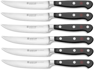 WUSTHOF CLASSIC 6-PIECE STEAK KNIFE SET PREMIUM GERMAN STAINLESS STEEL KNIVES, BLACK HANDLES