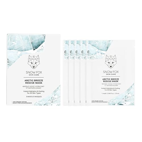 SNOW FOX ARCTIC BREEZE PEPPERMINT ALOE VERA SHEET MASK HYDRATING COOLING FACE MASK, 5 PACK