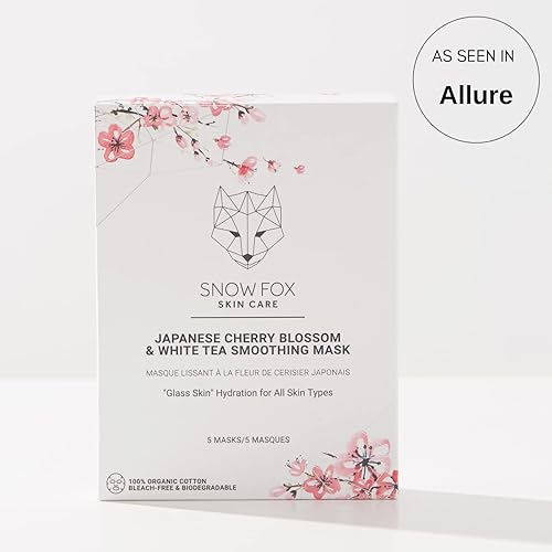 SNOW FOX CHERRY BLOSSOM WHITE TEA HYDRATING SHEET MASK GLASS SKIN GLOW, BRIDAL PREP, 5 PACK
