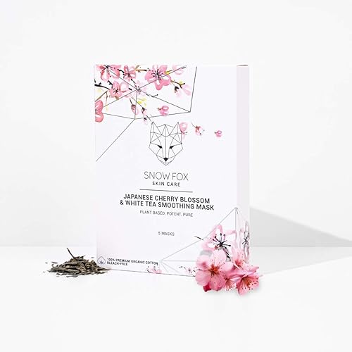 SNOW FOX CHERRY BLOSSOM WHITE TEA HYDRATING SHEET MASK GLASS SKIN GLOW, BRIDAL PREP, 5 PACK