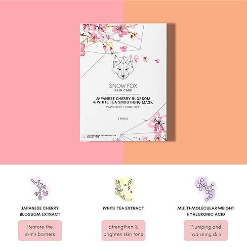SNOW FOX CHERRY BLOSSOM WHITE TEA HYDRATING SHEET MASK GLASS SKIN GLOW, BRIDAL PREP, 5 PACK