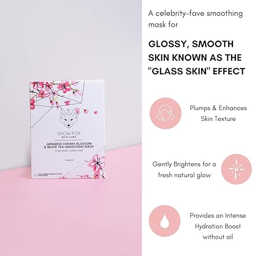 SNOW FOX CHERRY BLOSSOM WHITE TEA HYDRATING SHEET MASK GLASS SKIN GLOW, BRIDAL PREP, 5 PACK