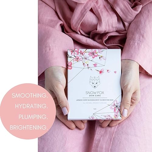 SNOW FOX CHERRY BLOSSOM WHITE TEA HYDRATING SHEET MASK GLASS SKIN GLOW, BRIDAL PREP, 5 PACK