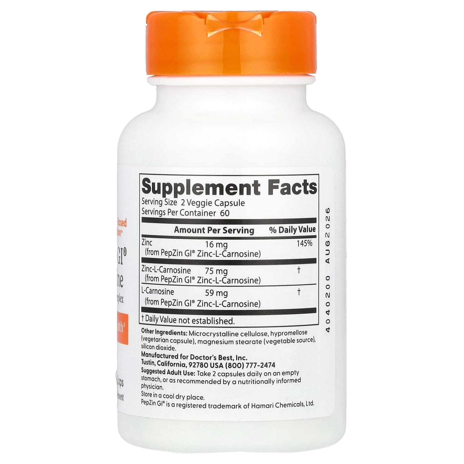 DOCTOR'S BEST, PEPZIN GI®, ZINC-L-CARNOSINE COMPLEX, 120 VEGGIE CAPS