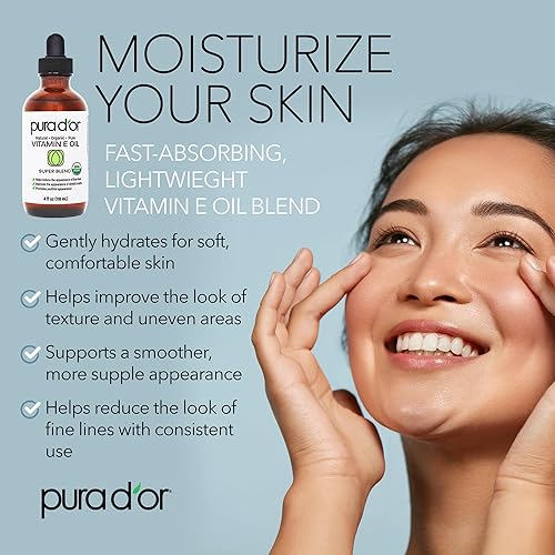PURA DOR ORGANIC VITAMIN E OIL 4OZ USDA CERTIFIED MOISTURIZER FOR FACE, BODY, HAIR BATH