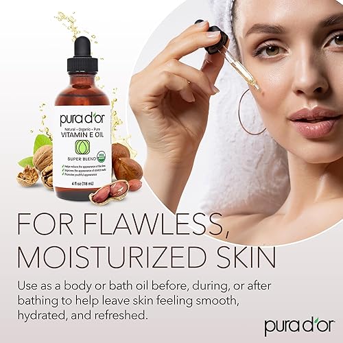 PURA DOR ORGANIC VITAMIN E OIL 4OZ USDA CERTIFIED MOISTURIZER FOR FACE, BODY, HAIR BATH
