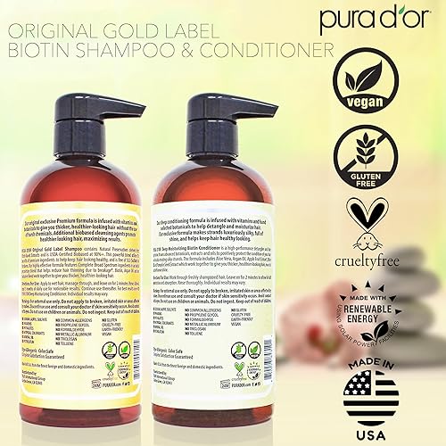 PURA DOR BIOTIN SHAMPOO CONDITIONER SET FOR THICKER HAIR, ANTI-THINNING, 16OZ X2, GOLD LABEL