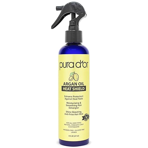 PURA DOR ARGAN OIL HEAT PROTECTANT SPRAY, 8OZ SHIELDS HAIR UP TO 450 F, SHINE REPAIR