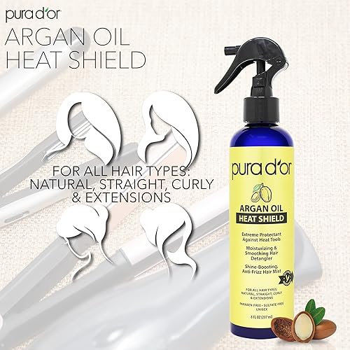 PURA DOR ARGAN OIL HEAT PROTECTANT SPRAY, 8OZ SHIELDS HAIR UP TO 450 F, SHINE REPAIR