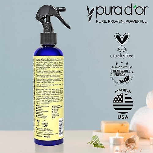 PURA DOR ARGAN OIL HEAT PROTECTANT SPRAY, 8OZ SHIELDS HAIR UP TO 450 F, SHINE REPAIR