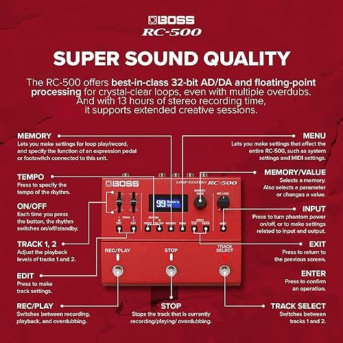 BOSS RC-500 LOOP STATION 2-TRACK LOOPER, 16 DRUM KITS, 13-HOUR RECORDING, PRO SOUND CONTROL