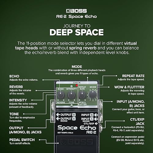 BOSS RE-2 SPACE ECHO DELAY AND REVERB GUITAR EFFECTS PEDAL VINTAGE TAPE SOUND, COMPACT DESIGN
