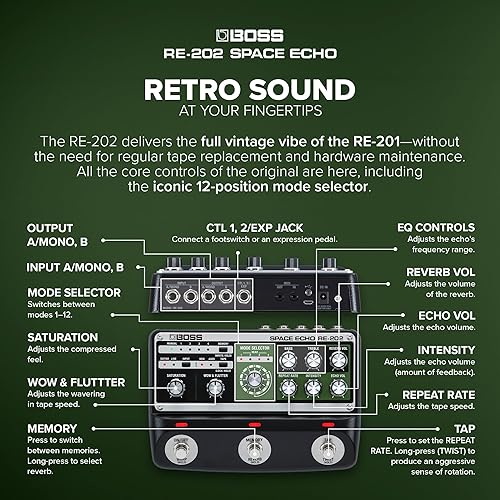 BOSS RE-202 SPACE ECHO PEDAL TAPE ECHO, DELAY SPRING REVERB, TRUE STEREO, ROLAND RE-201 REISSUE