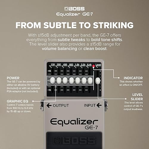 BOSS GE-7 GUITAR EQUALIZER PEDAL 7-BAND GRAPHIC EQ, 15DB BOOST CUT, COMPACT EFFECTS PEDAL