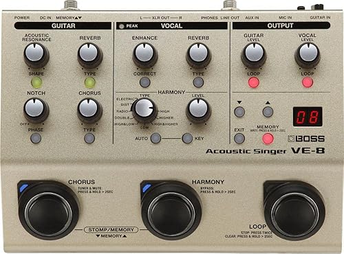 BOSS VE-8 ACOUSTIC SINGER PREAMP EFFECTS PEDAL FOR GUITARISTS VOCAL HARMONIES, LOOPER, FX