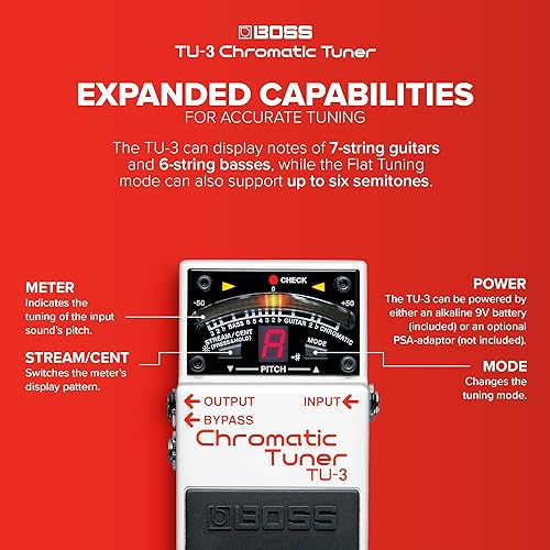 BOSS TU-3 CHROMATIC GUITAR BASS PEDAL TUNER, LED METER, ACCU-PITCH, PRO STOMPBOX ACCURACY