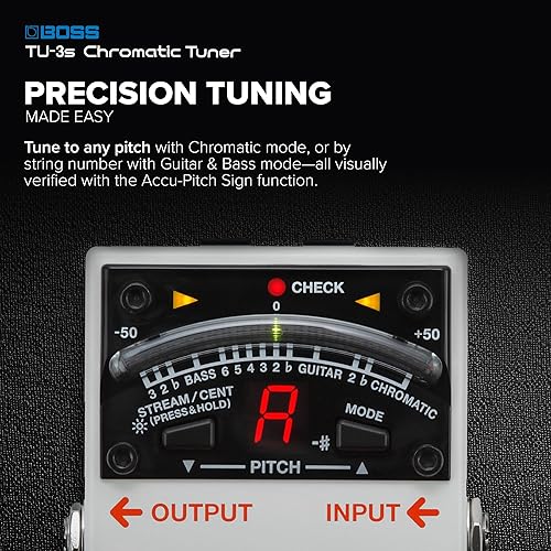 BOSS TU-3S COMPACT CHROMATIC TUNER PEDAL FOR GUITAR BASS, LED METER, ACCU-PITCH, PRO QUALITY