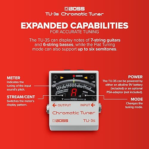 BOSS TU-3S COMPACT CHROMATIC TUNER PEDAL FOR GUITAR BASS, LED METER, ACCU-PITCH, PRO QUALITY