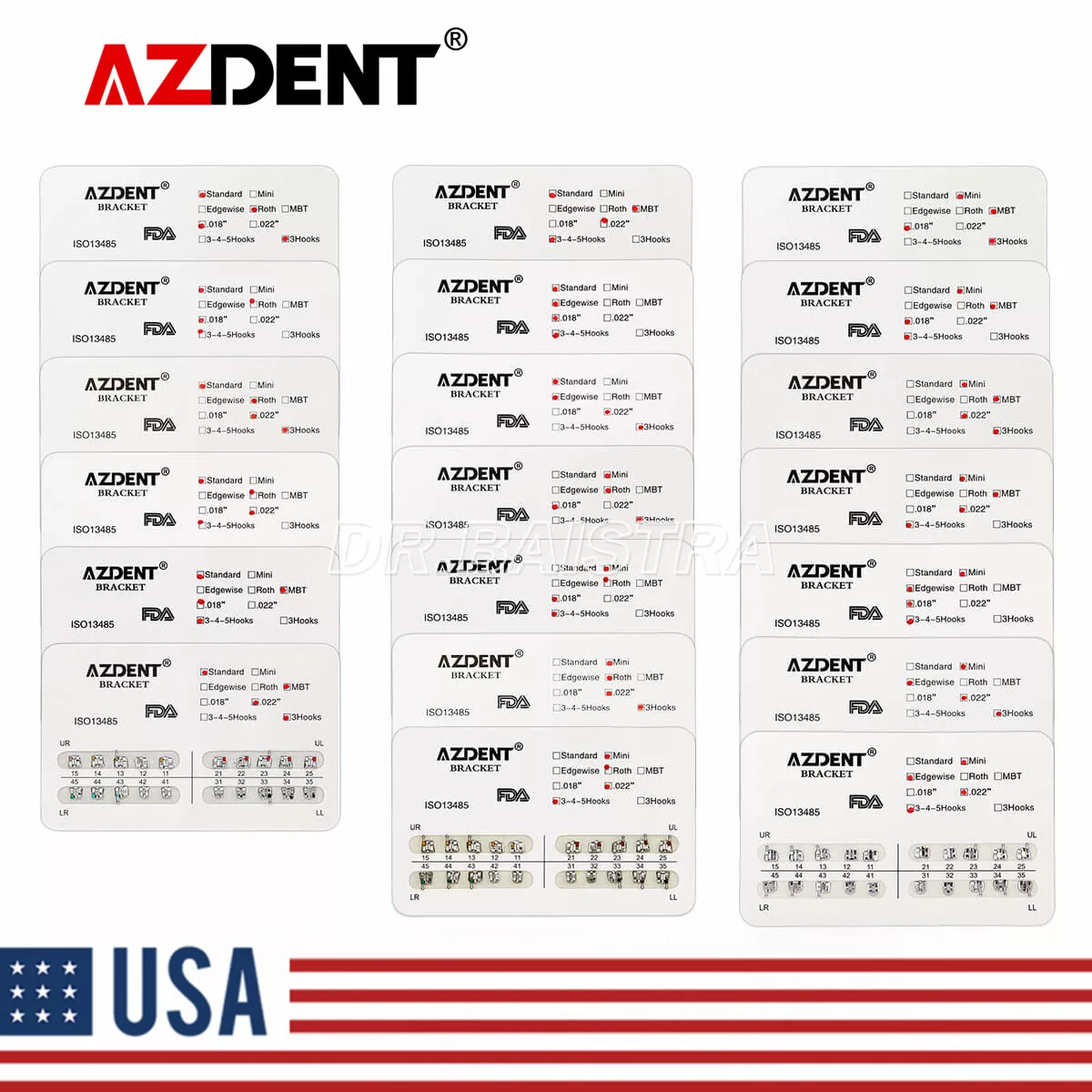 AZDENT ORTHODONTIC DENTAL BRACKETS BRACES MINI STANDARD ROTH MBT.022/.018 HOOKS