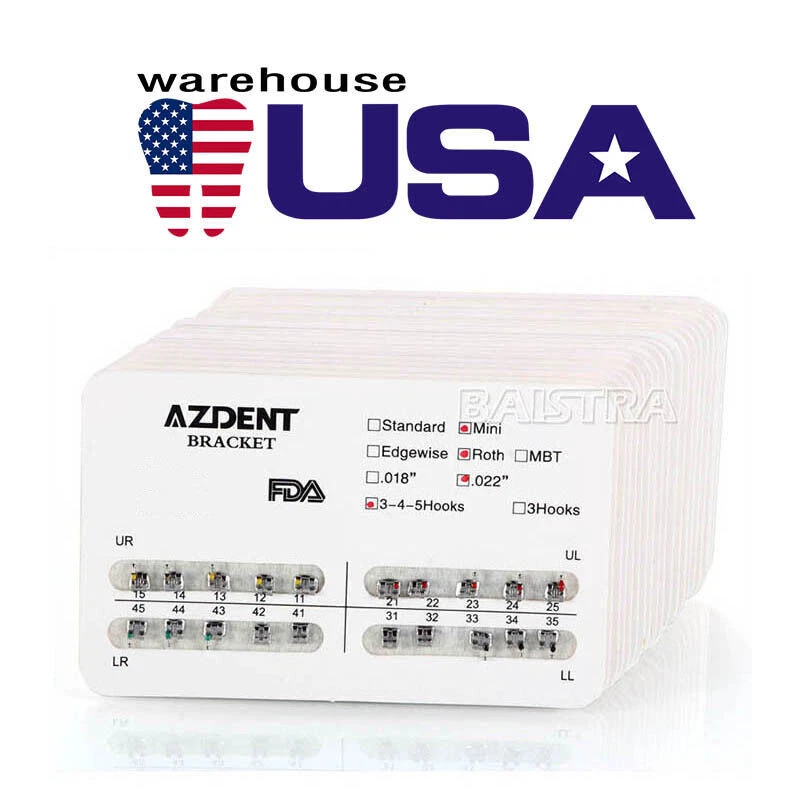 AZDENT ORTHODONTIC DENTAL BRACKETS BRACES MINI STANDARD ROTH MBT.022/.018 HOOKS