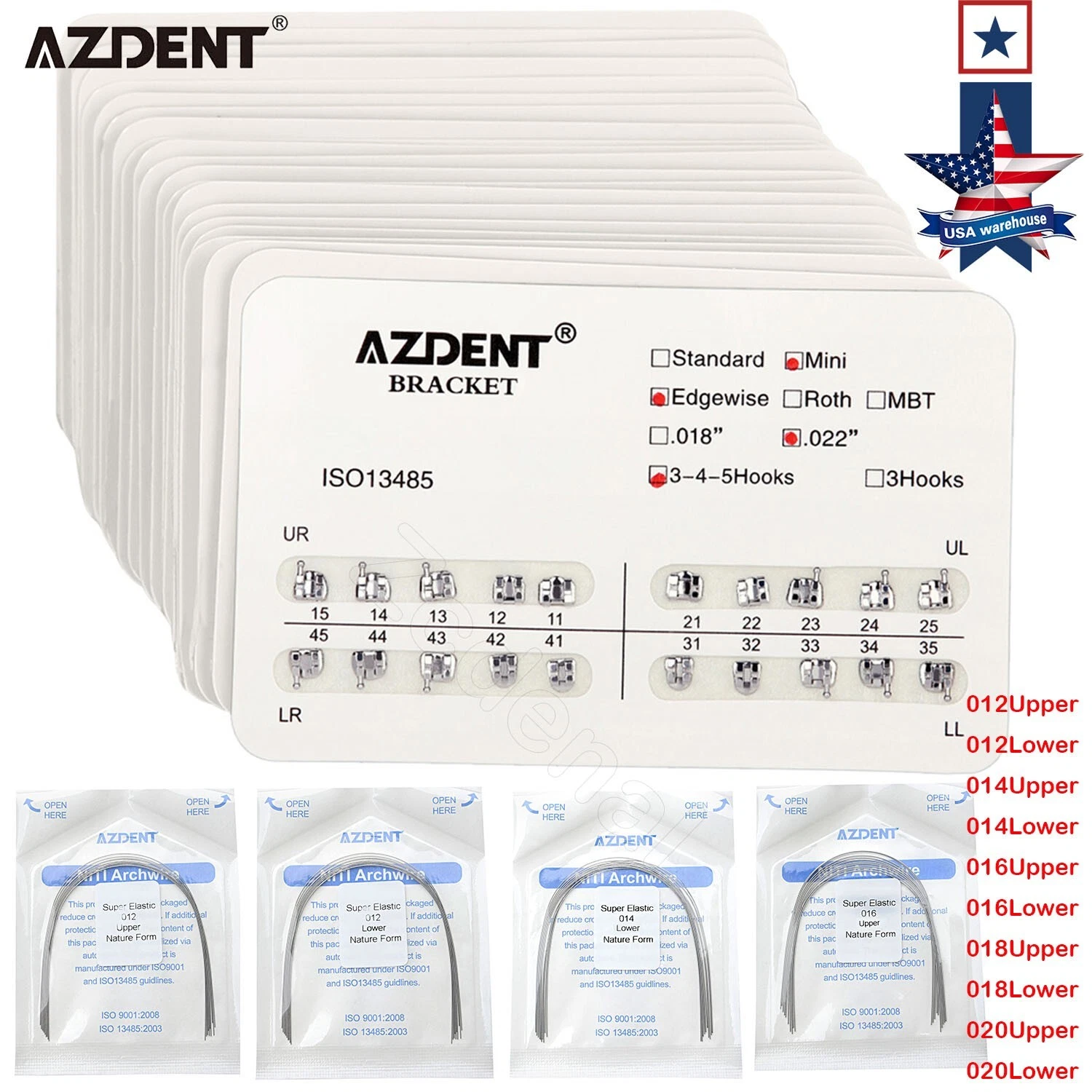 AZDENT DENTAL ORTHODONTIC BRACKETS BRACES MINI ROTH/MBT 022 HOOKS 345/ARCH WIRES