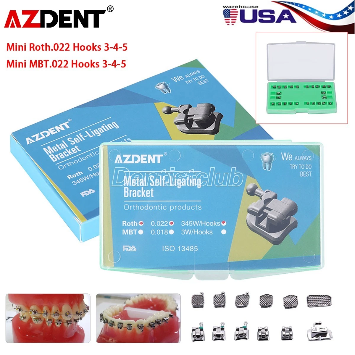 AZDENT DENTAL ORTHODONTIC SELF-LIGATING BRACKETS BRACES ROTH/MBT .022 HOOK 3 4 5