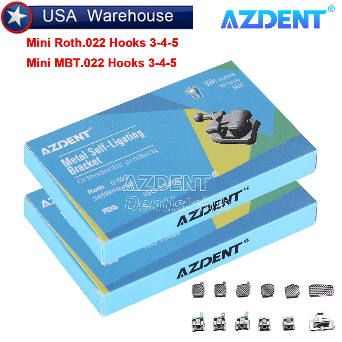 AZDENT DENTAL ORTHODONTIC SELF-LIGATING BRACKETS BRACES ROTH/MBT .022 HOOK 3 4 5