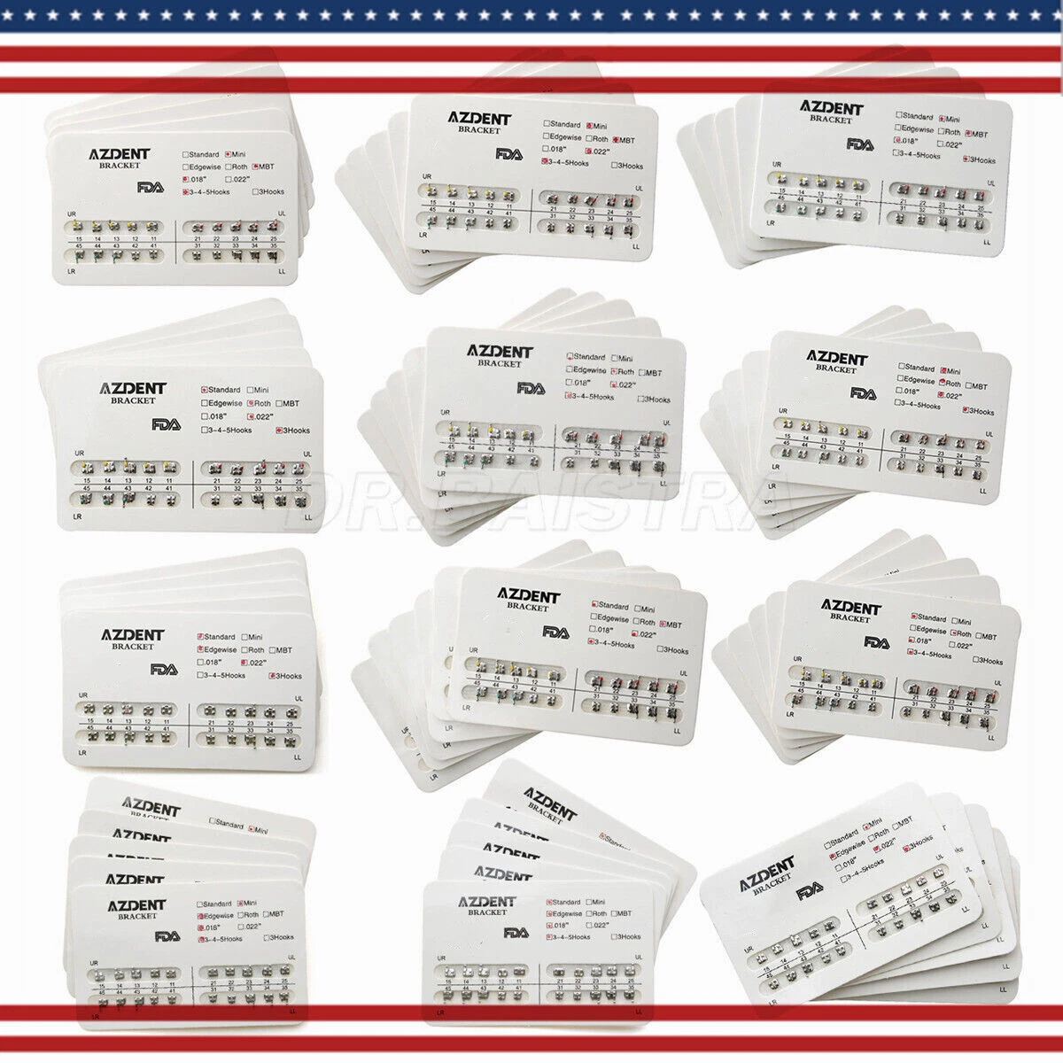 AZDENT US DENTAL ORTHODONTIC BRACKET BRACE MINI /STANDARD ROTH/MBT.022/.018 HOOK