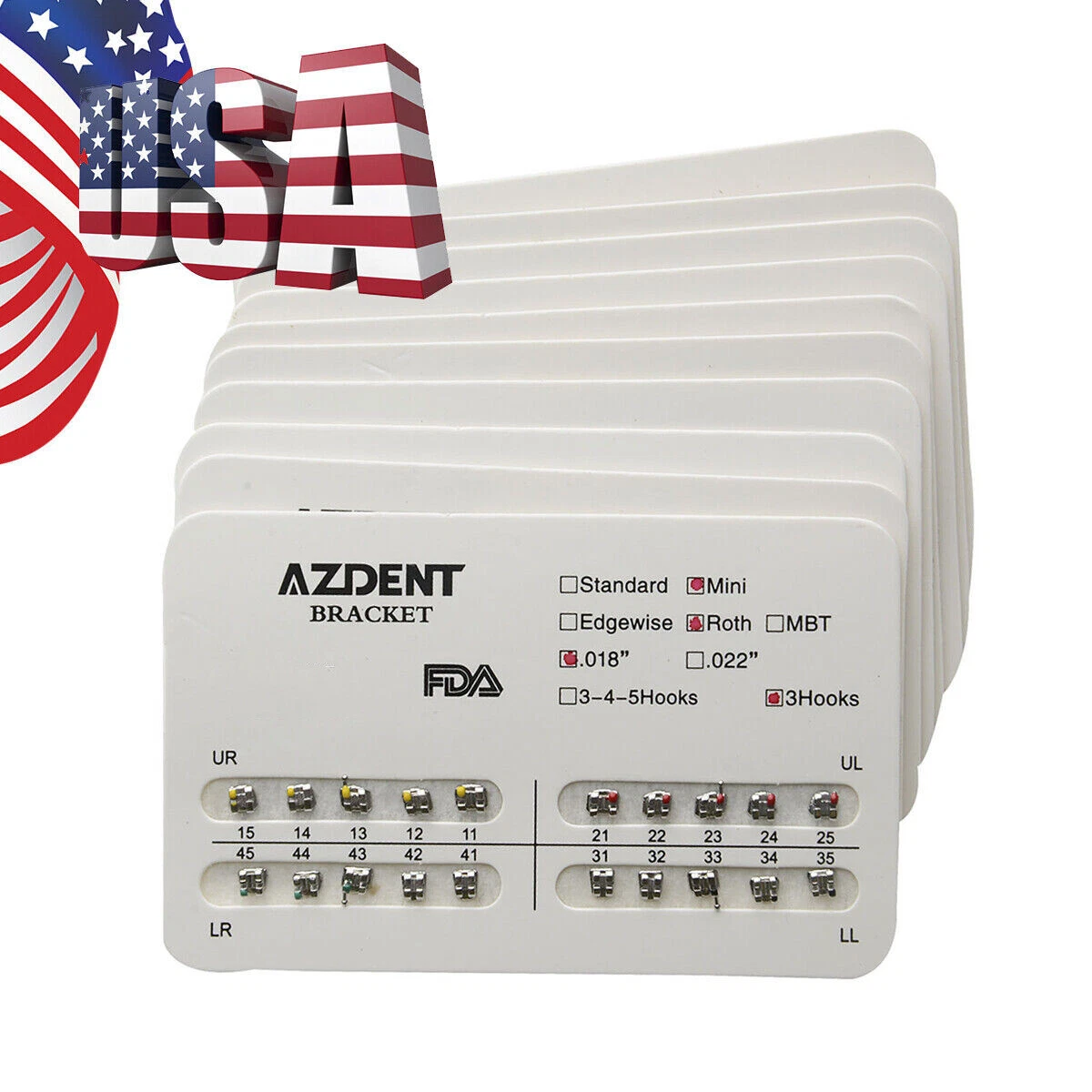 AZDENT US DENTAL ORTHODONTIC BRACKET BRACE MINI /STANDARD ROTH/MBT.022/.018 HOOK