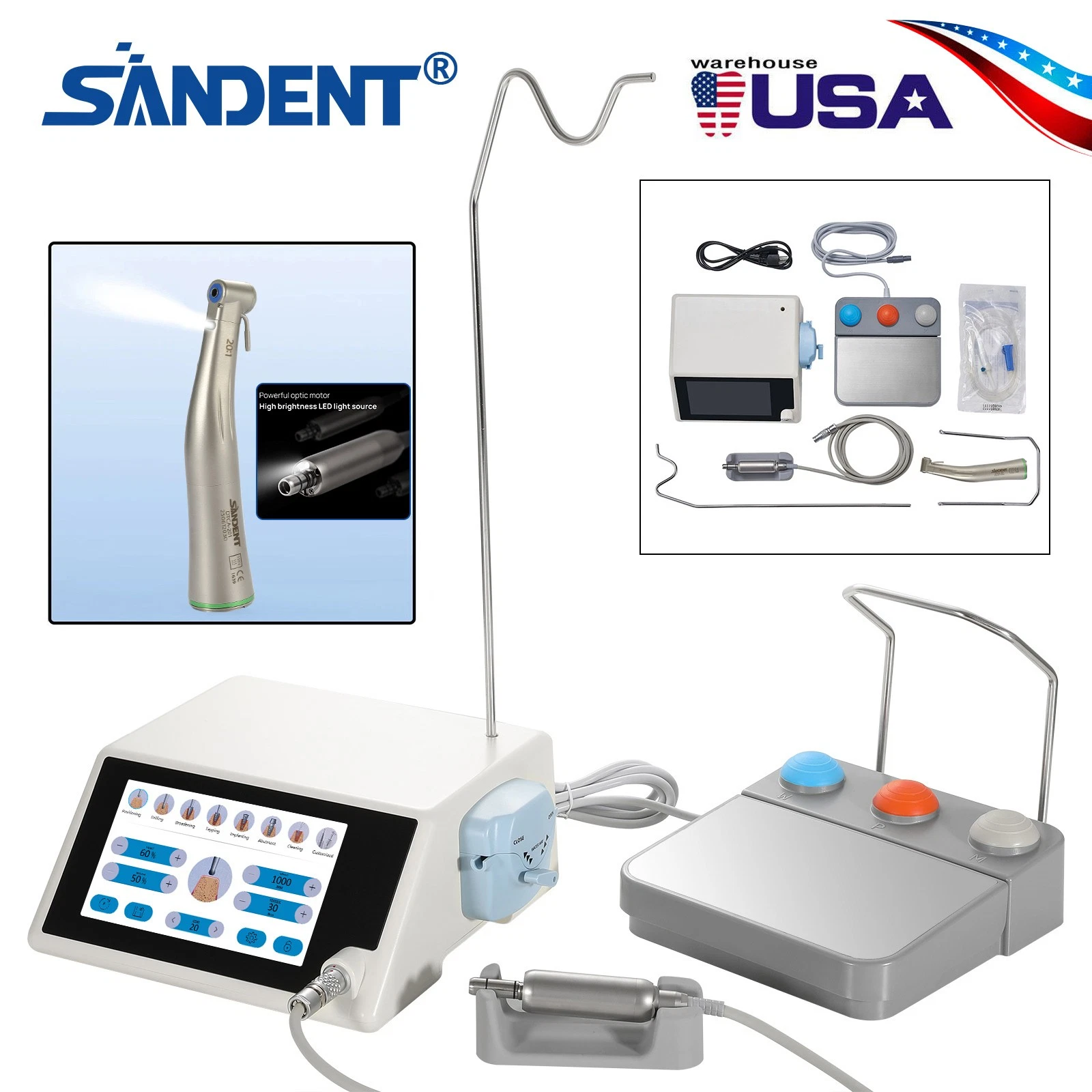AZDENT DENTAL IMPLANT MOTOR SURGICAL SYSTEM LED TOUCH SCREEN+20:1 SURGICAL CONTRA ANGLE