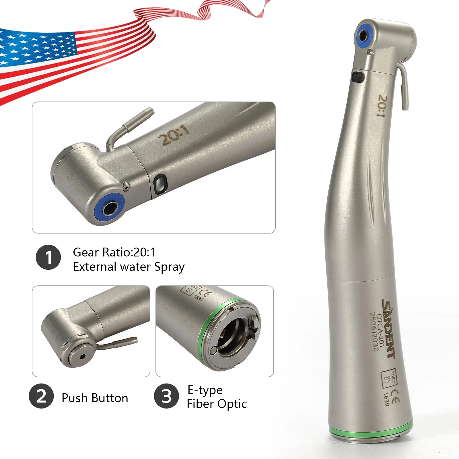 AZDENT DENTAL FIBER OPTIC LED 20:1 RATIO IMPLANT LOW SPEED CONTRA ANGLE HANDPIECE DTA