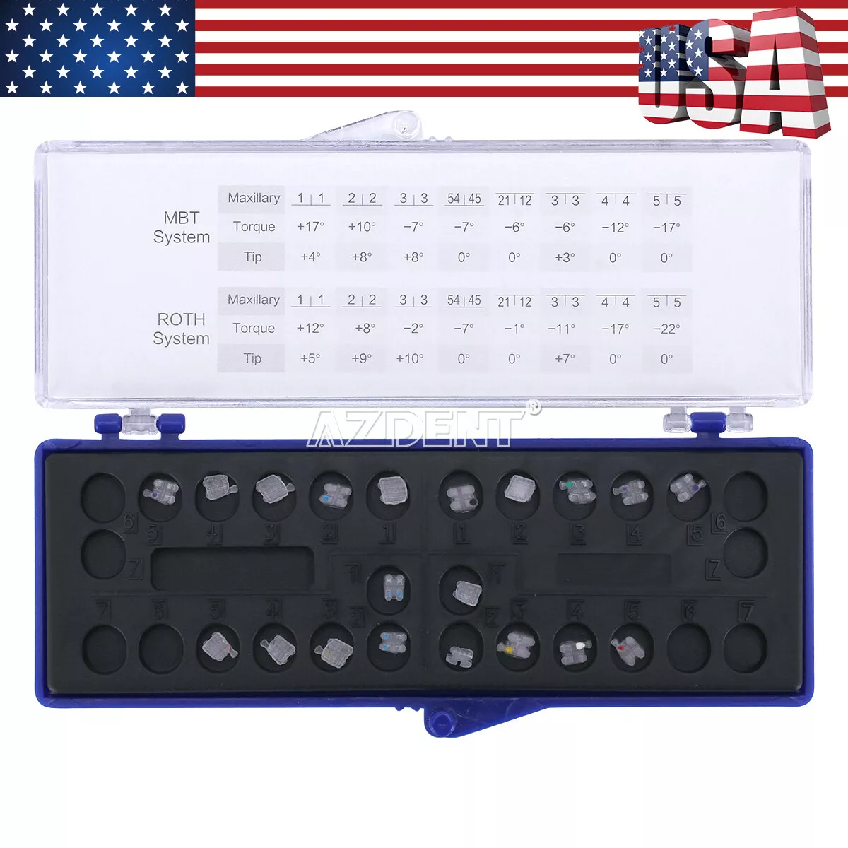 AZDENT DENTAL ORTHODONTIC BRACKETS ROTH 0.022 HOOKS 345 5*5 CLEAR CERAMIC BRACES