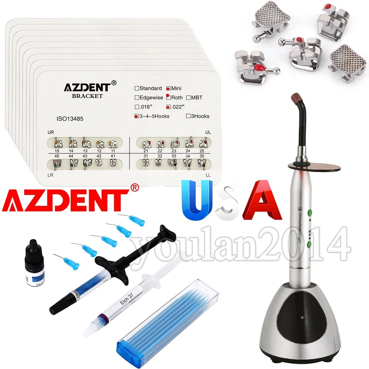 AZDENT DENTAL ORTHODONTIC BRACKETS BRACES MINI ROTH 022 /CURE LIGHT ADHESIVE KIT