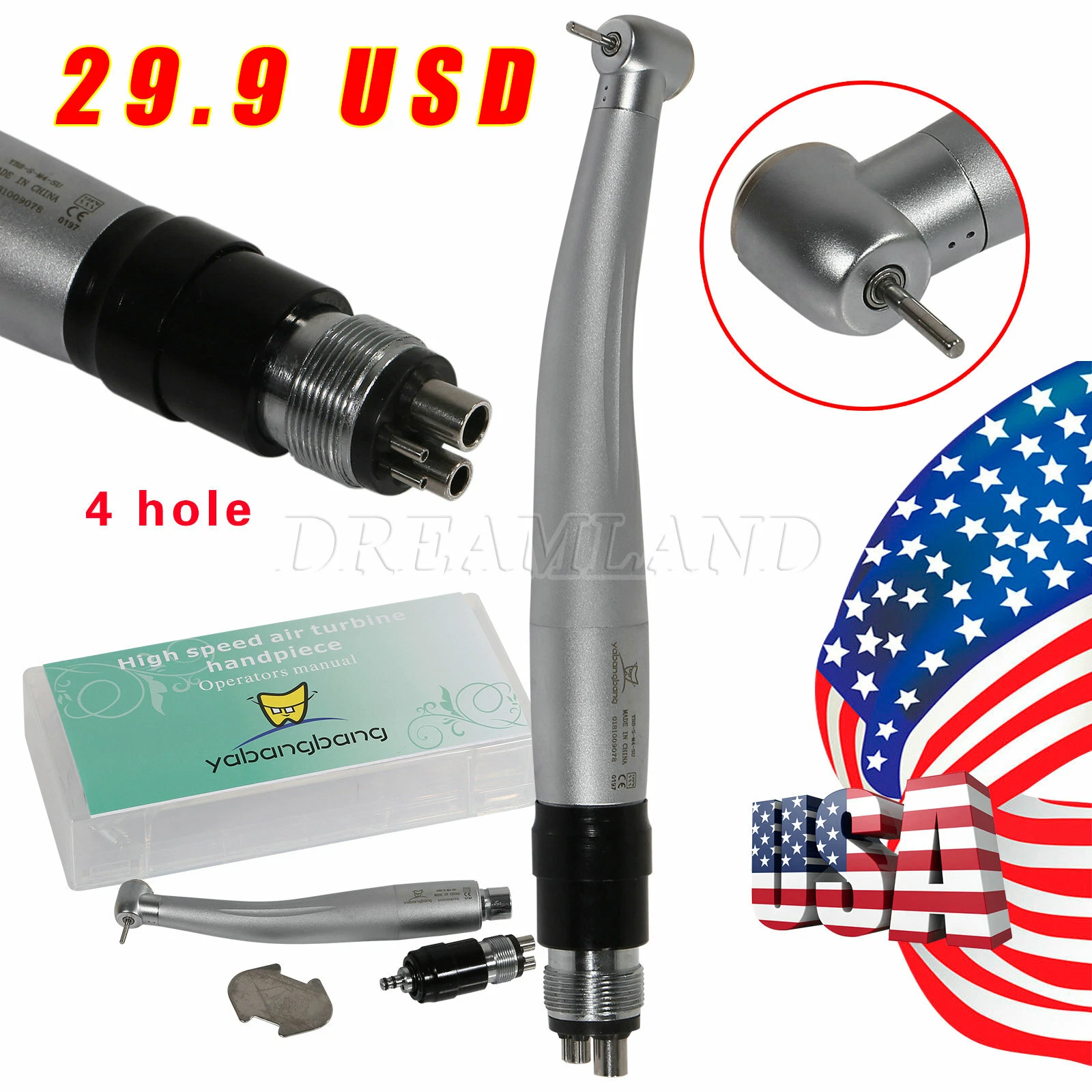 AZDENT 3 NSK STYLE DENTAL HIGH SPEED HANDPIECE WITH QUICK COUPLER COUPLING 4 HOLE
