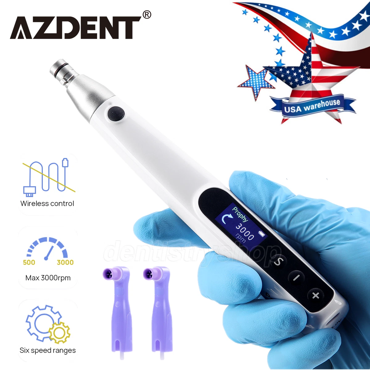 AZDENT 360° SWIVEL DENTAL CORDLESS ELECTRIC HYGIENE PROPHY HANDPIECE + 2 PROPHY ANGLES
