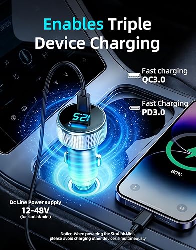 STARLINK MINI 3-IN-1 CAR ADAPTER CABLE 12V-48V WITH VOLTAGE DISPLAY USB-C PD 45W USB-A 35W 10FT