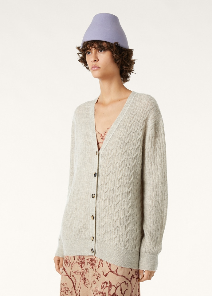 LORO PIANA WALNUT CARDIGAN  PECORA NERA®, CASHMERE, SILK CREAMY SKY/WHITE SNOW