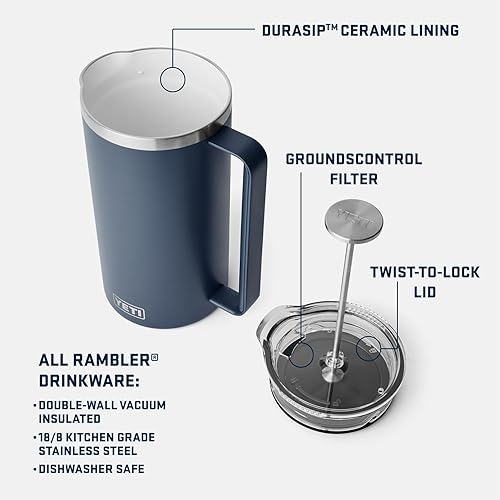 YETI RAMBLER 34 OZ WHITE FRENCH PRESS COFFEE MAKER WITH GROUNDSCONTROL FILTER DURABLE DESIGN