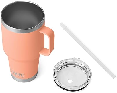 YETI RAMBLER 35 OZ STAINLESS STEEL TRAVEL TUMBLER WITH HANDLE STRAW LID LOWCOUNTRY PEACH