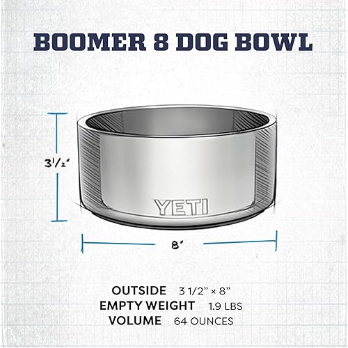 YETI BOOMER 8 STAINLESS STEEL NON-SLIP DOG BOWL - 64 OUNCE DURABLE PET WATER DISH
